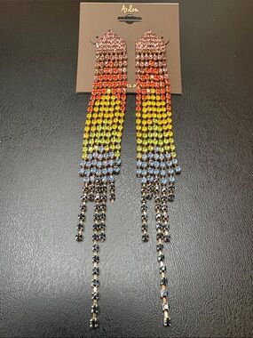 Arden Multicolor Rhinestone Fringe Drop Earrings - Rainbow